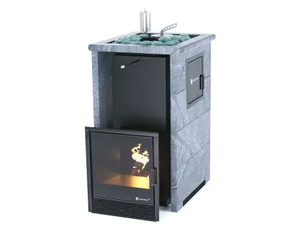 Фото Печь для русской бани Сочи М2 в трёхстороннем кожухе (талькохлорит) с открытым верхом в магазине Woodson