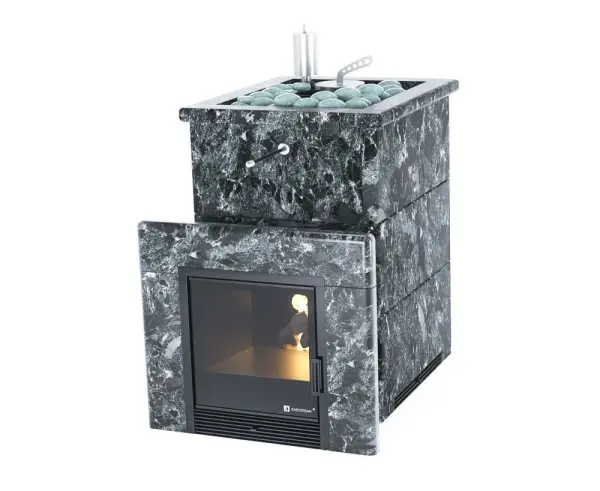 Фото Печь для русской бани Анапа в трёхстороннем кожухе (пироксенит) с открытым верхом в магазине Woodson Фото Печь для русской бани Анапа в трёхстороннем кожухе (пироксенит) с открытым верхом в магазине Woodson