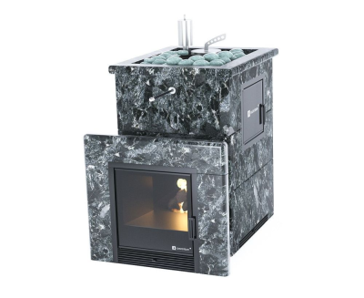 Фото Печь для русской бани Анапа М2 в трёхсороннем кожухе (пироксенит) с открытым верхом в магазине Woodson Фото Печь для русской бани Анапа М2 в трёхсороннем кожухе (пироксенит) с открытым верхом в магазине Woodson